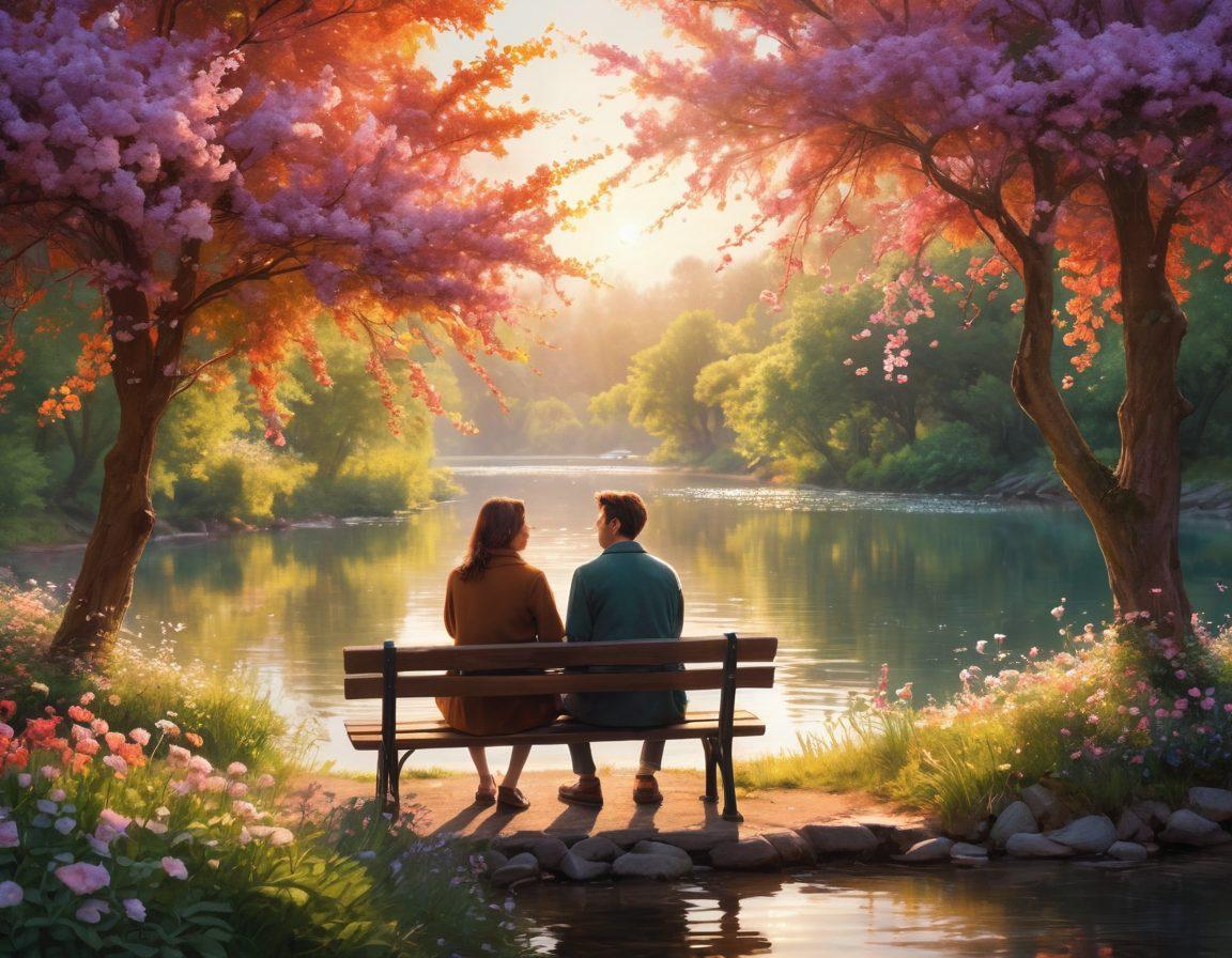 A cozy scene of two people sitting on a park bench, deeply engrossed in conversation, surrounded by blooming flowers and soft sunlight filtering through the trees. Wisps of text representing their dialogue float in the air, visually illustrating the power of words. In the background, a gentle river flows, symbolizing the deep connections formed through communication. The overall ambiance is warm and inviting. super-realistic. vibrant colors. soft focus.