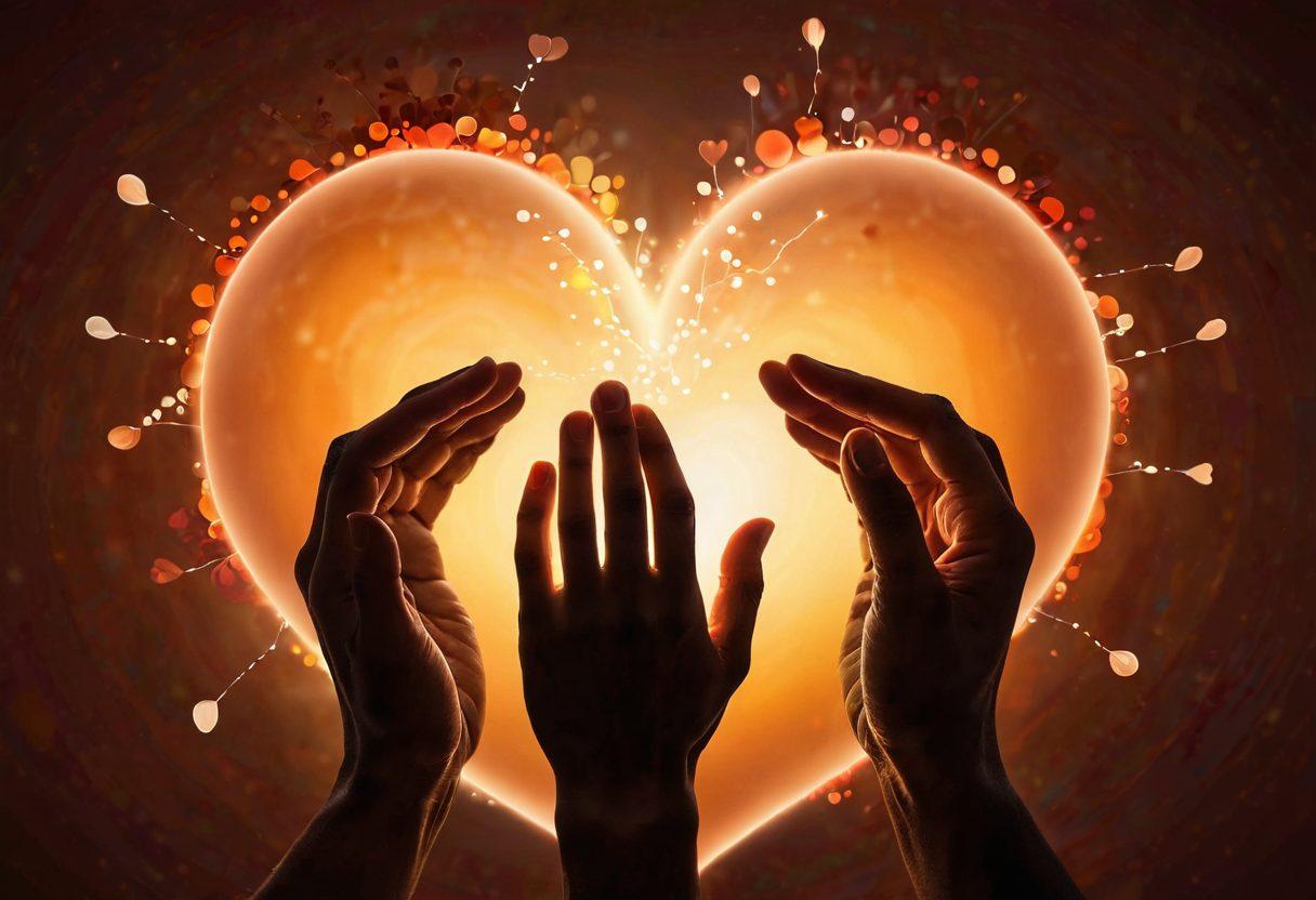 A pair of hands gently intertwined, surrounded by soft glowing orbs symbolizing communication, with warm colors radiating from a heart to represent love. In the background, faint silhouettes of a couple engaged in deep conversation, showcasing emotion and connection. Include subtle elements like speech bubbles filled with heartfelt words to enhance the theme of intimacy and understanding. cozy atmosphere. super-realistic. warm tones.