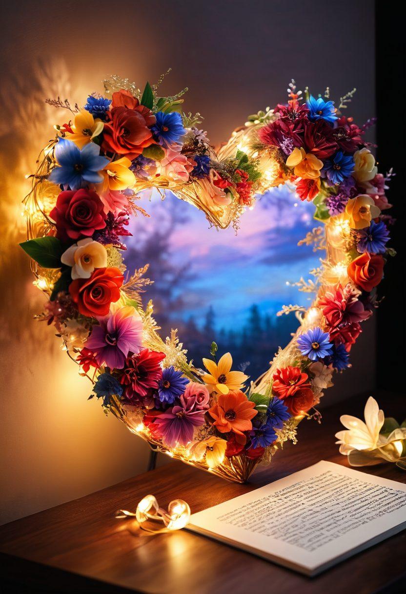 A beautiful, intertwined heart made of vibrant, colorful flowers, symbolizing romance and connection. In the background, soft, twinkling fairy lights create a warm and inviting atmosphere. A glowing quill and parchment lie nearby, representing heartfelt expression through words. The scene is bathed in a sunset glow, evoking feelings of love and warmth. super-realistic. vibrant colors. soft focus.